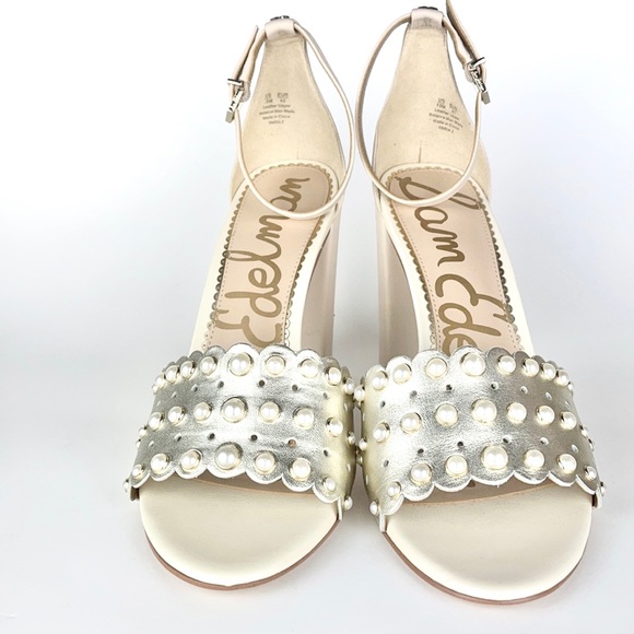 SAM EDELMAN | 👡Cream Leather Pearls Beaded Block Heel Shoes - Picture 6 of 10